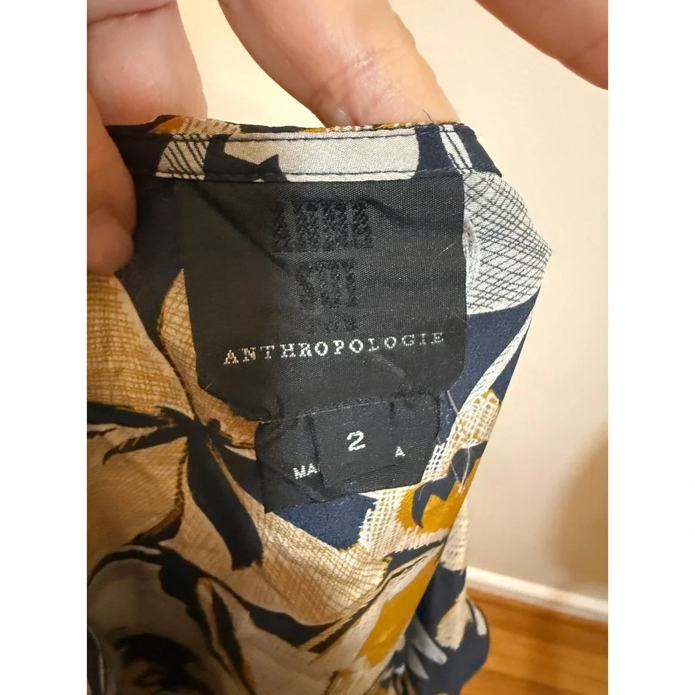 Anna Sui Anthropologie Wrap Top Womens 2 Navy Yellow Floral Silk Ruffle Flutter - Picture 4 of 7